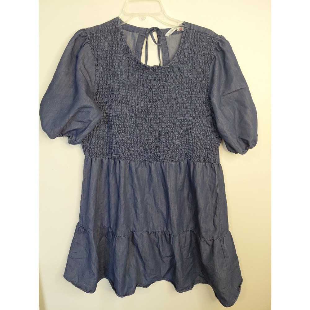 Given Kale Blue Denim Chambray Size XL Smocked Babydoll Mini Dress Boho Summer